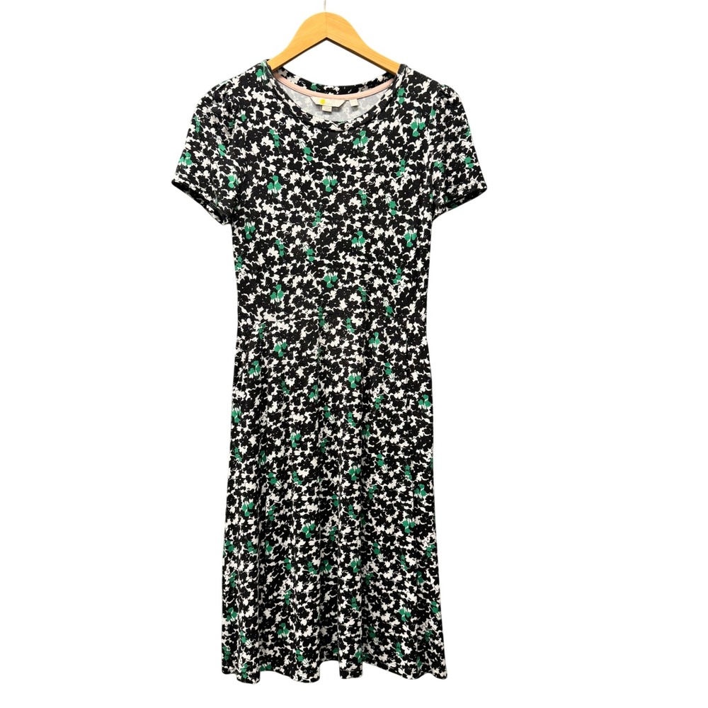 Boden Jersey Dress Womens 2P Petite 2 Fit and Flare Black Floral Pockets Casual